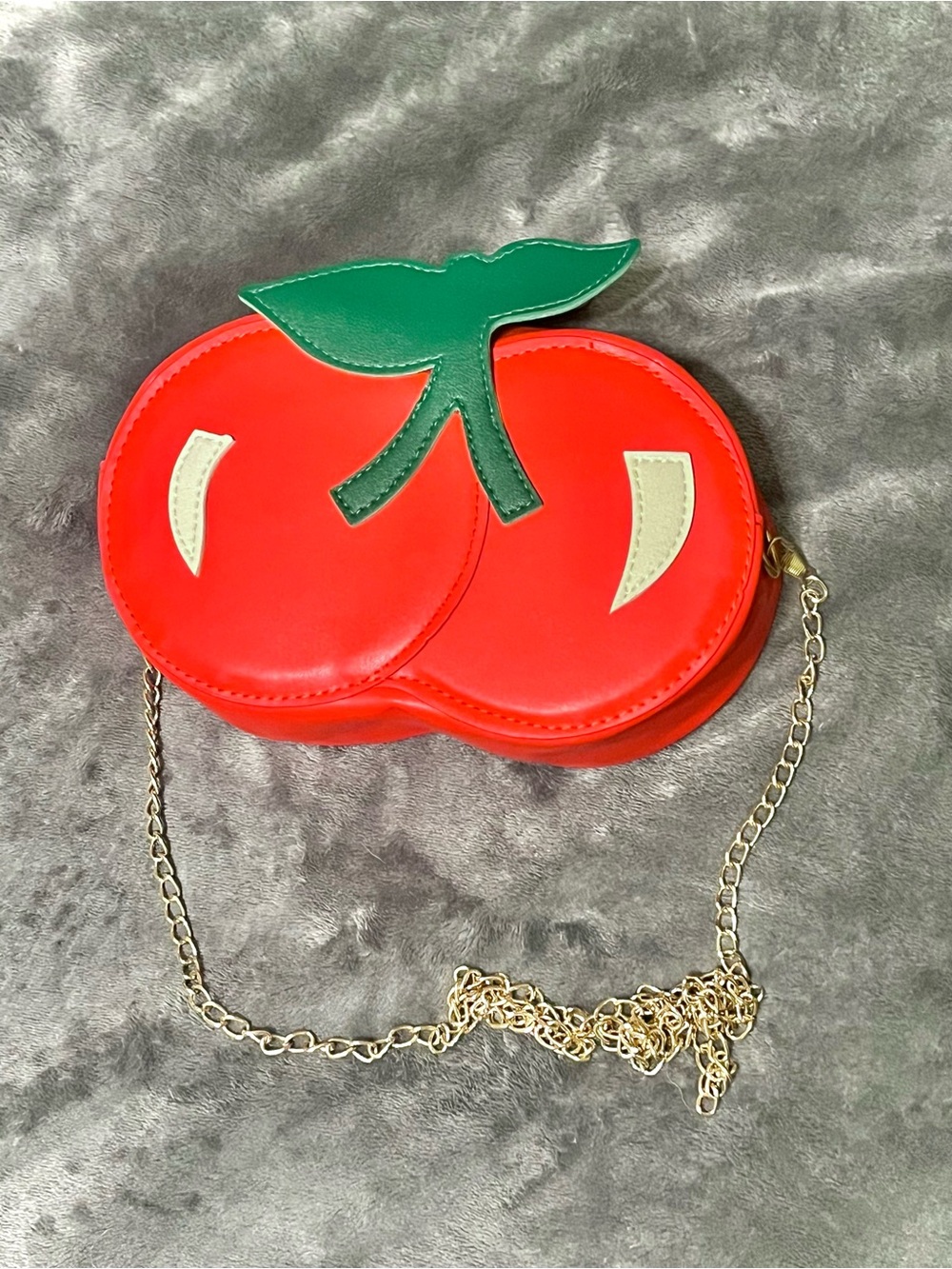 Red Cherry-Shaped Crossbody Bag with Green Leaf Accent, Gold Toned Chain, Vegan